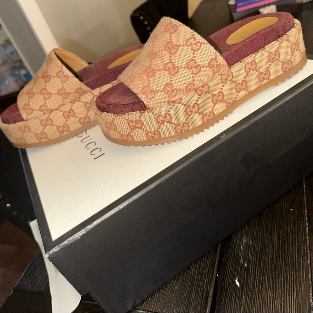Gucci Beige & Burgundy GG Canvas Platform Slide Sandals